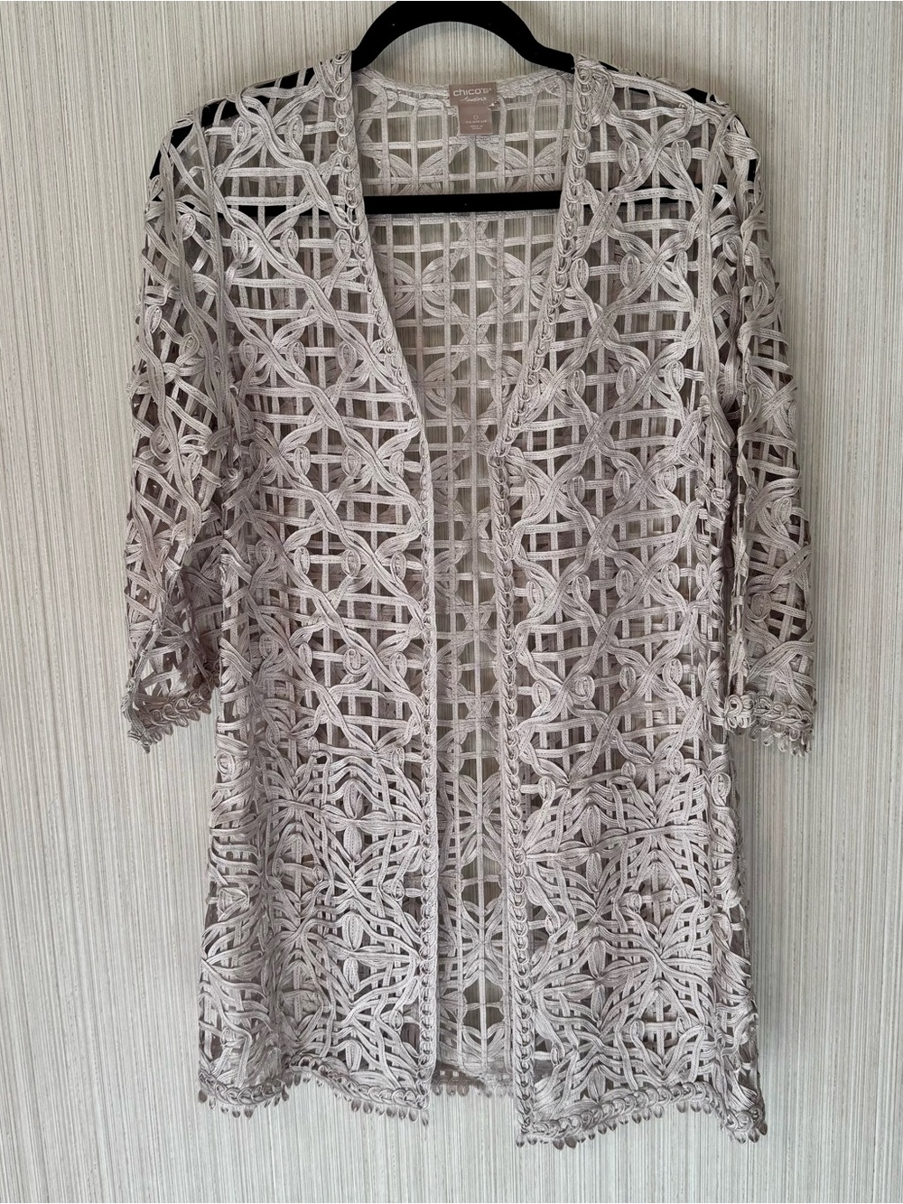 Lace Crochet Open Front Silver Gray Cardigan Boho Hippie Size Small